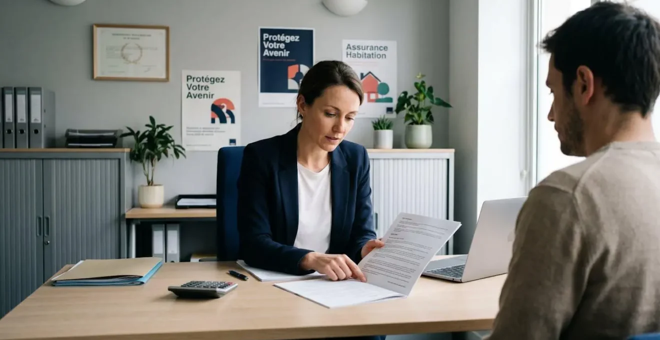 Conseiller en assurance expliquant les clauses d'exclusion d'un contrat moto à un client lors d'un entretien professionnel