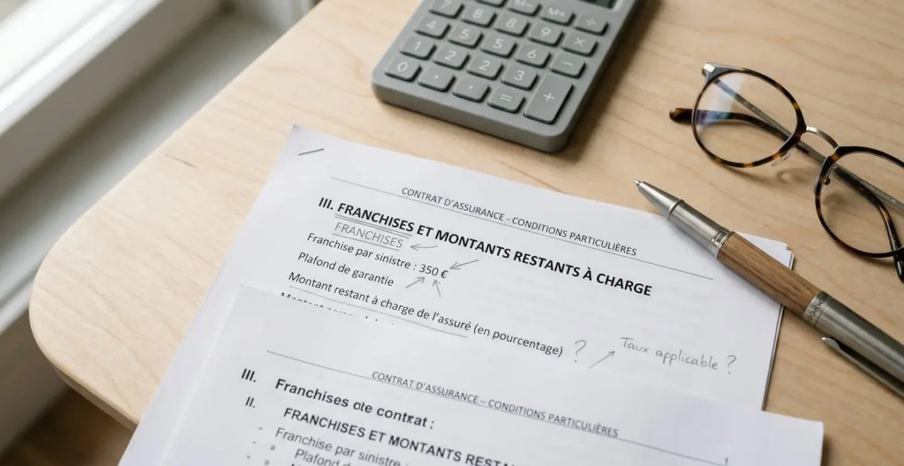 Document contractuel d'assurance moto avec section franchise visible et annotations manuscrites au stylo