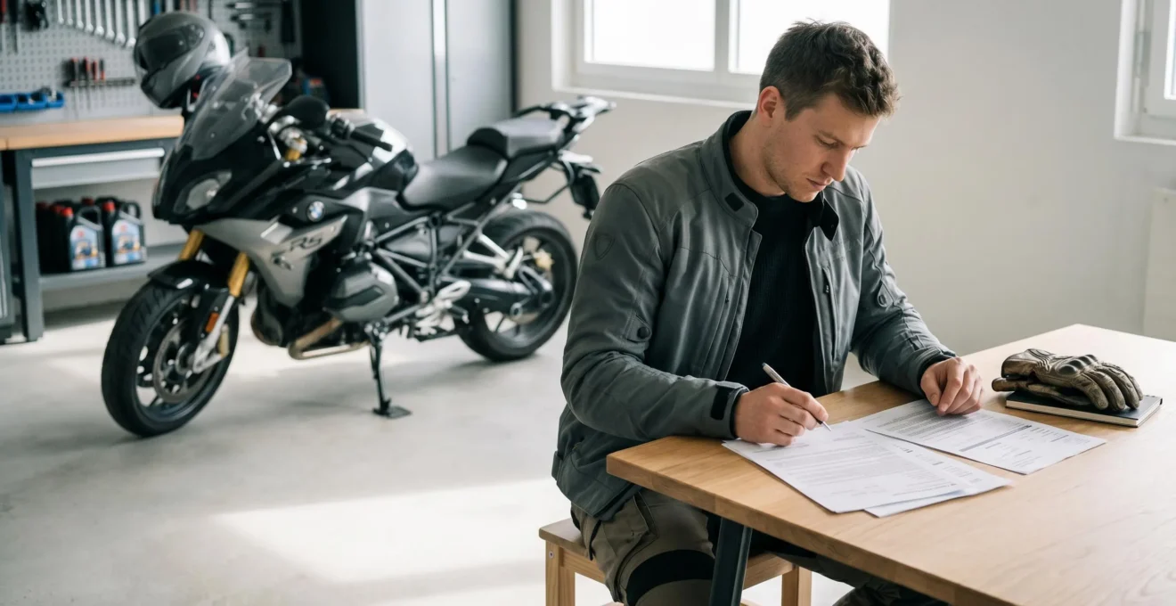 Motard consultant des documents d'assurance moto à une table dans un garage personnel avec sa moto en arrière-plan