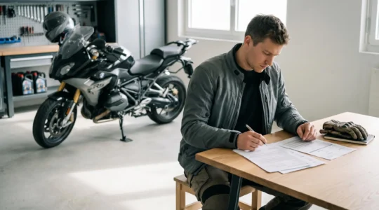 Motard consultant des documents d'assurance moto à une table dans un garage personnel avec sa moto en arrière-plan